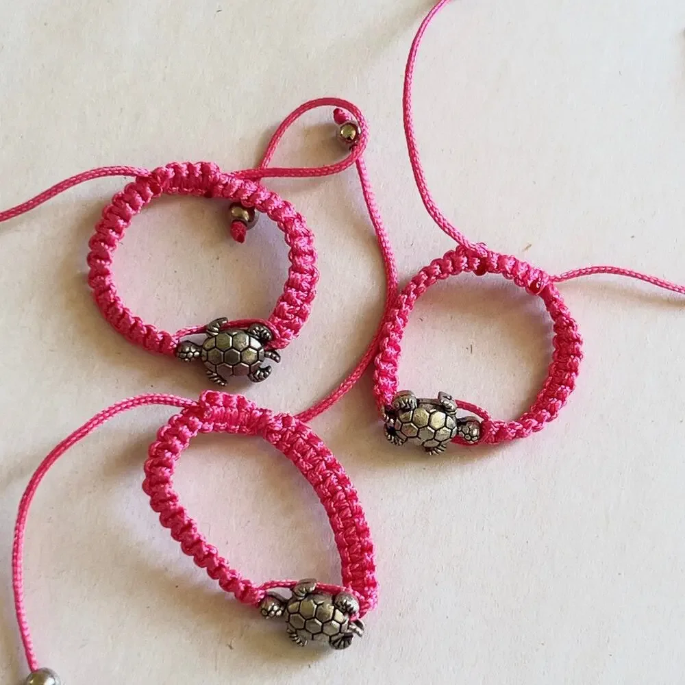 Turtle Pink Adjustable Bracelet Silver Tone Charm Children's Size Handmade